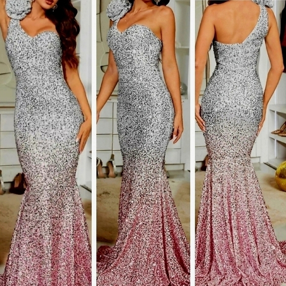 White, Assymmetrical Neck,  Sleeveless,Strapless,Gradient Sequined Merma… - Picture 1 of 16